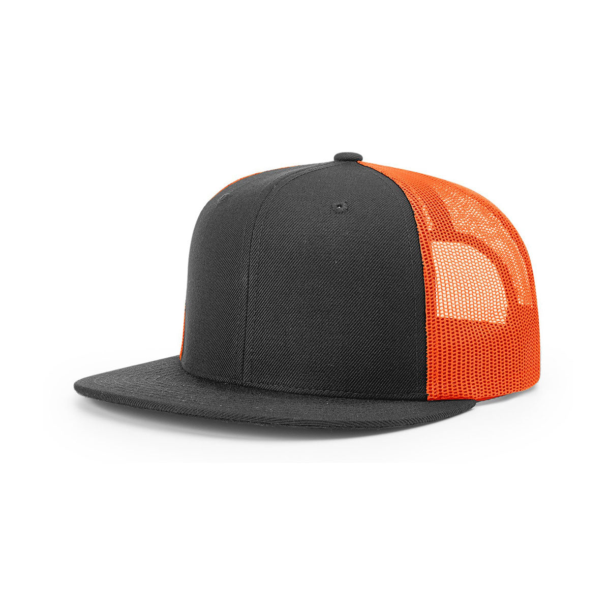 Richardson Stylish Black/Neon Orange Mesh Back Wool Blend Flatbill Trucker Hat