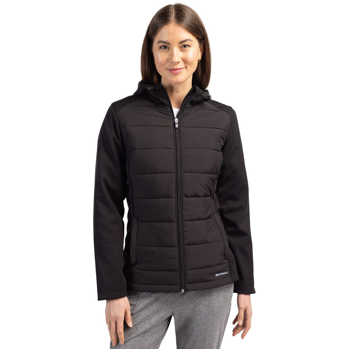 Cutter & Buck Women's Black Evoke Hybrid Eco Softshell: A Recycled Full Zip Hooded Jacket for Adventure