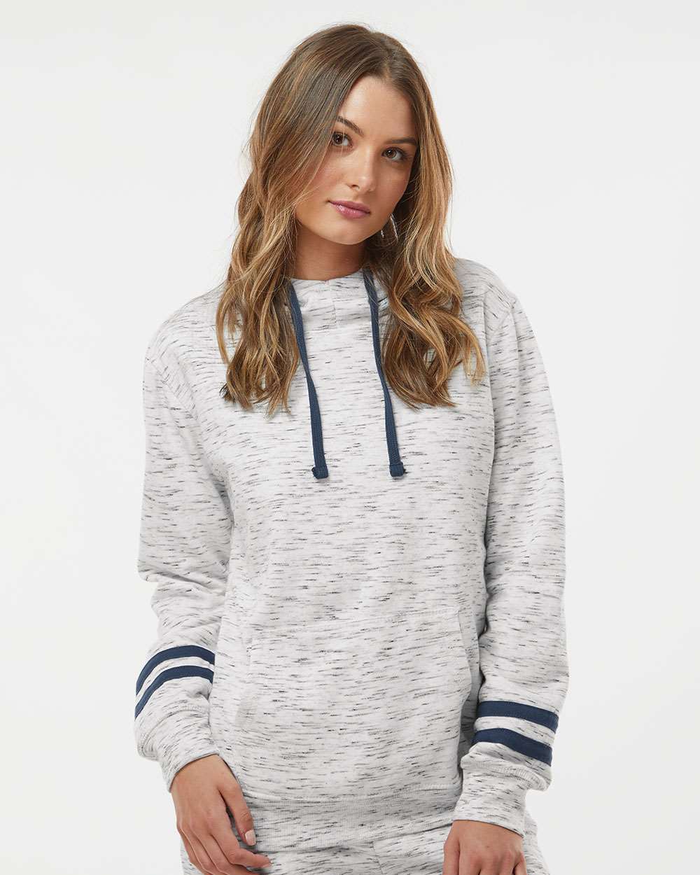 J America Women's Stylish Melange Fleece Striped-Sleeve Hooded Sweatshirt
