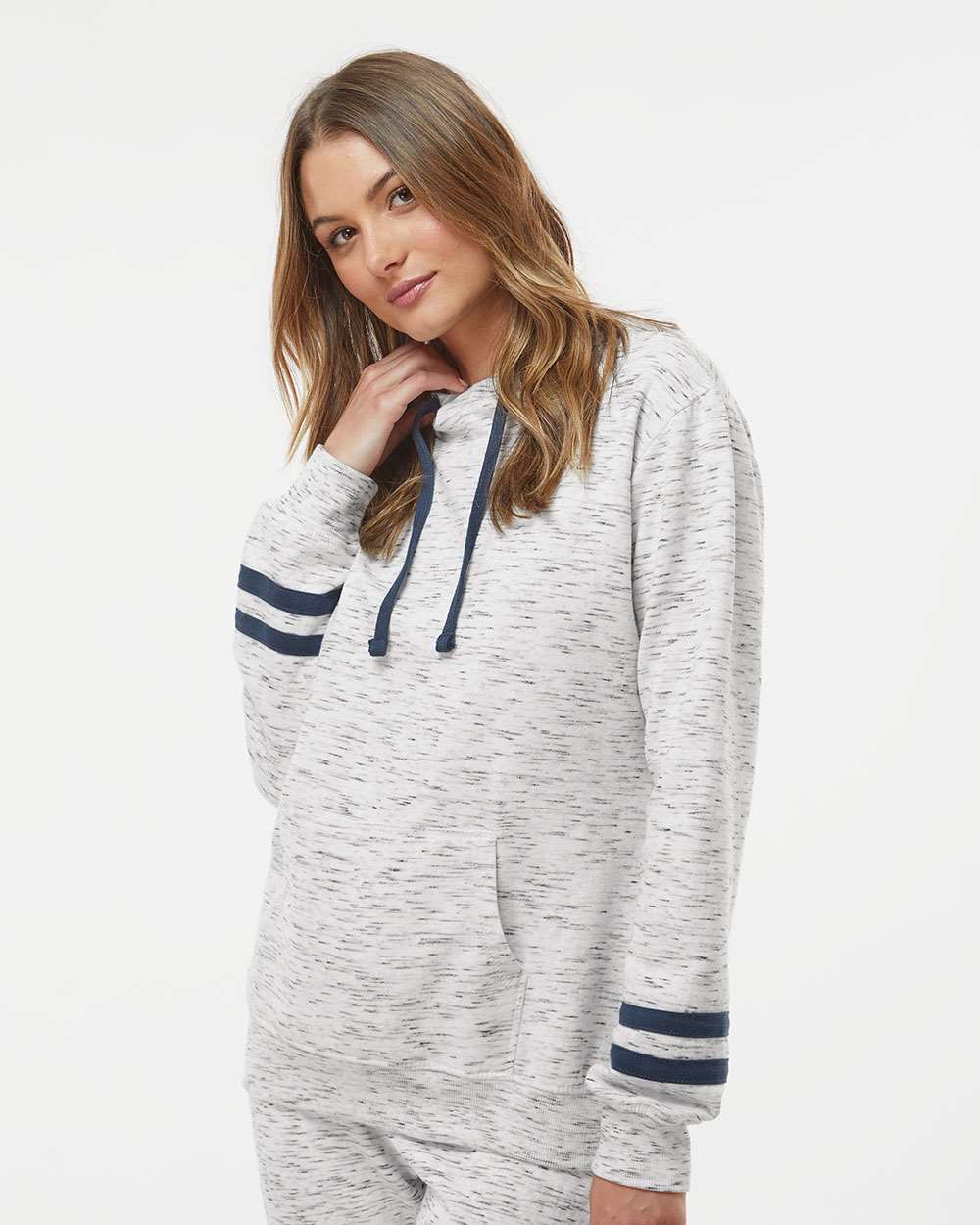 J America Women's Stylish Melange Fleece Striped-Sleeve Hooded Sweatshirt