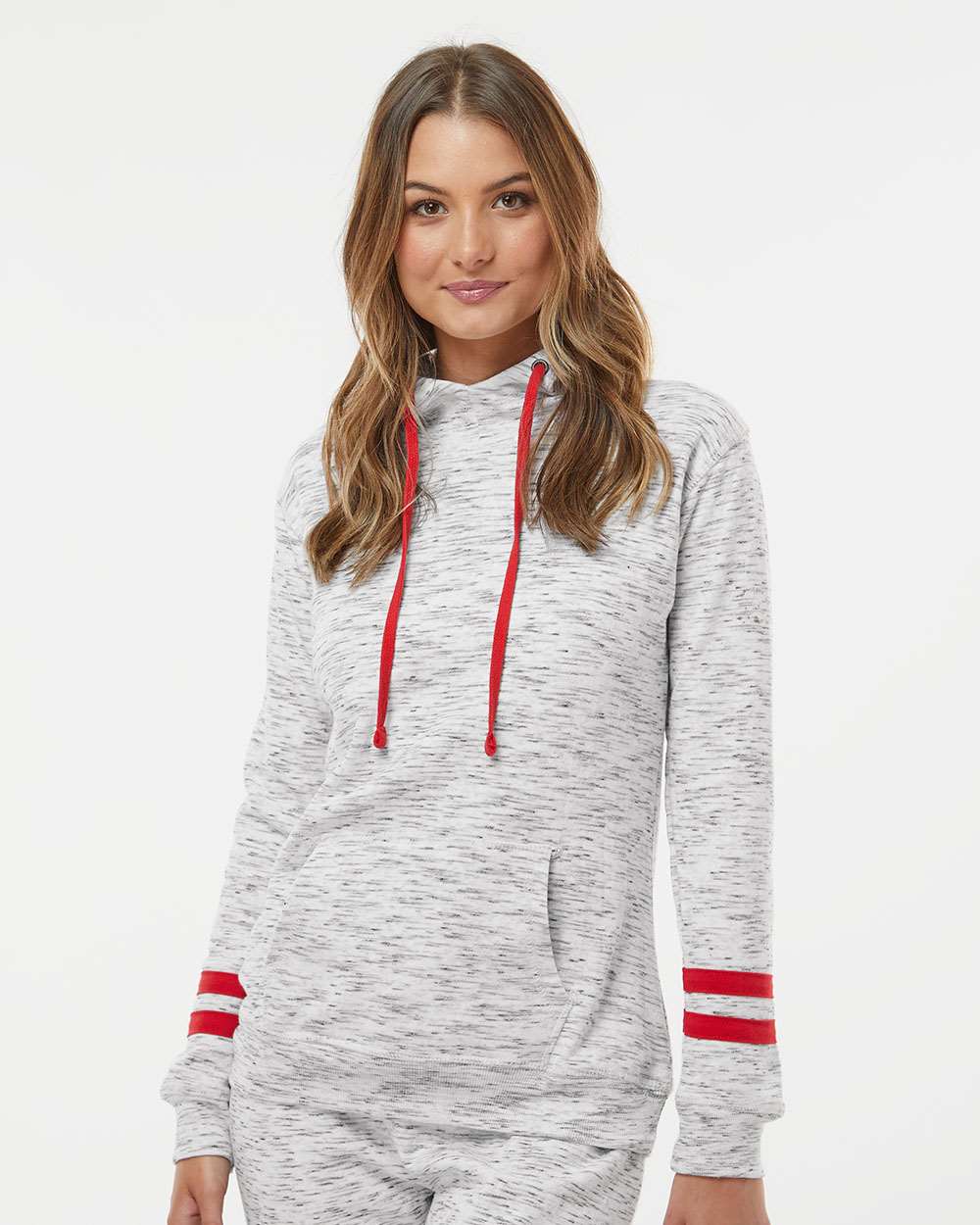 J America Women's Stylish Melange Fleece Striped-Sleeve Hooded Sweatshirt