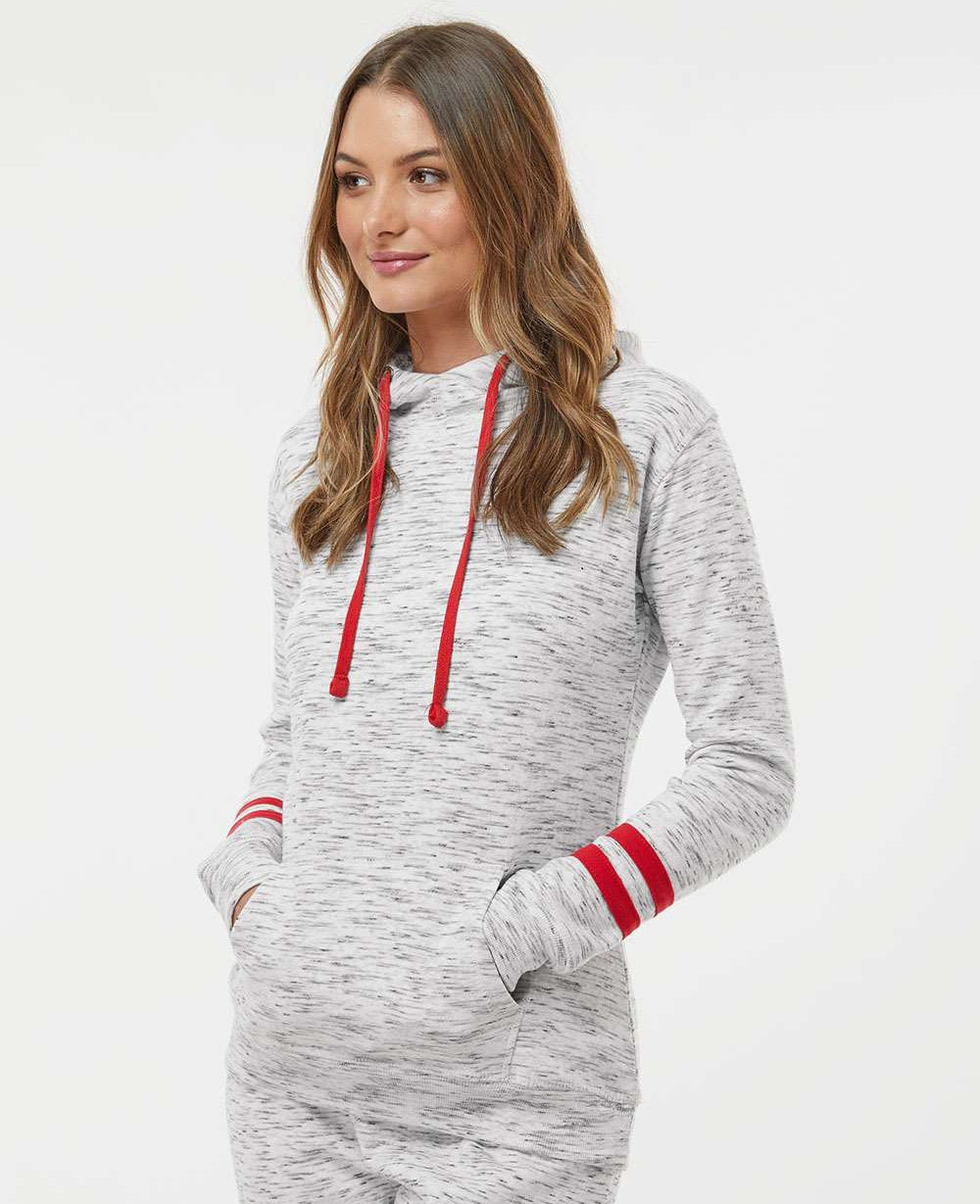 J America Women's Stylish Melange Fleece Striped-Sleeve Hooded Sweatshirt