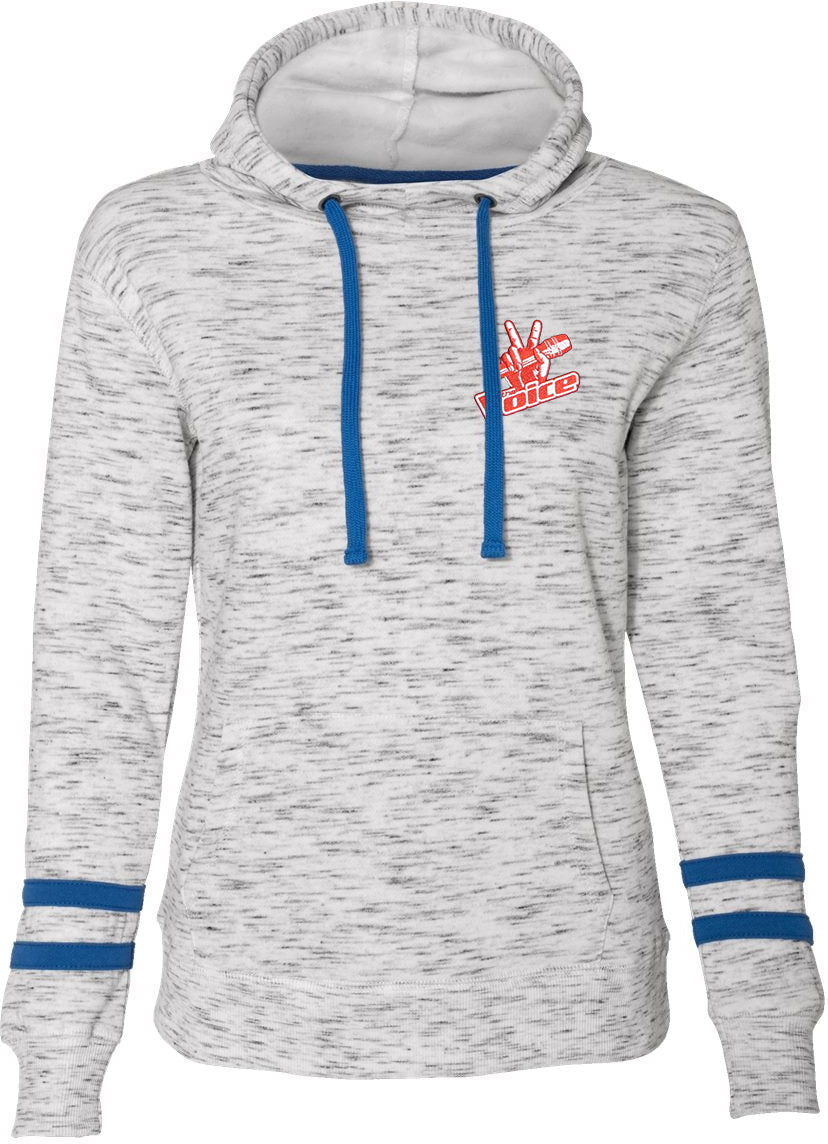J America Women's Stylish Melange Fleece Striped-Sleeve Hooded Sweatshirt