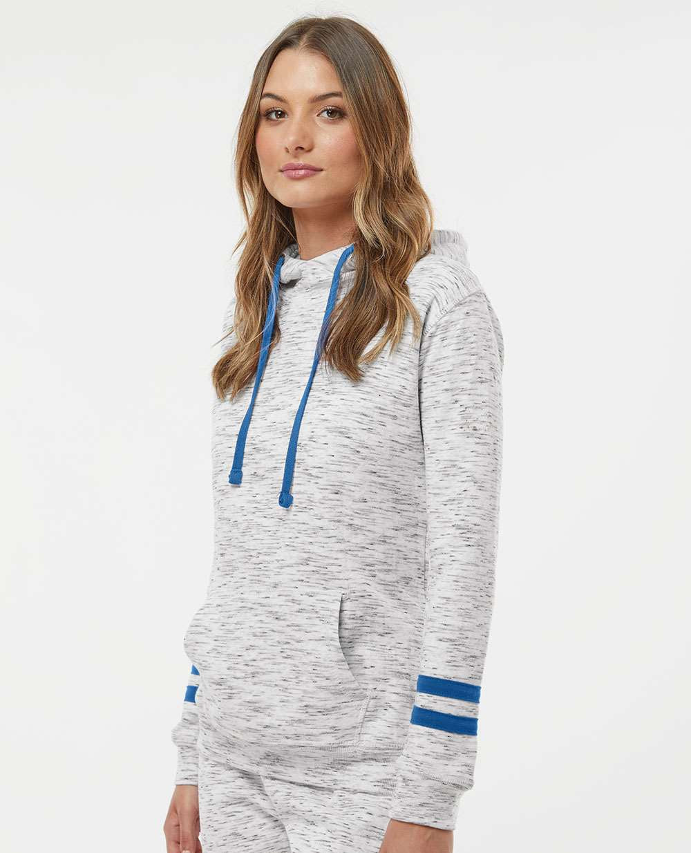 J America Women's Stylish Melange Fleece Striped-Sleeve Hooded Sweatshirt