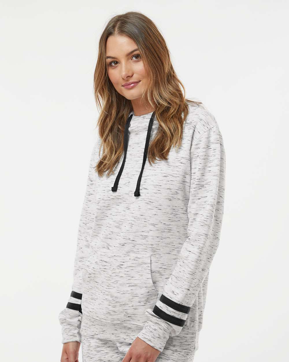 J America Women's Stylish Melange Fleece Striped-Sleeve Hooded Sweatshirt