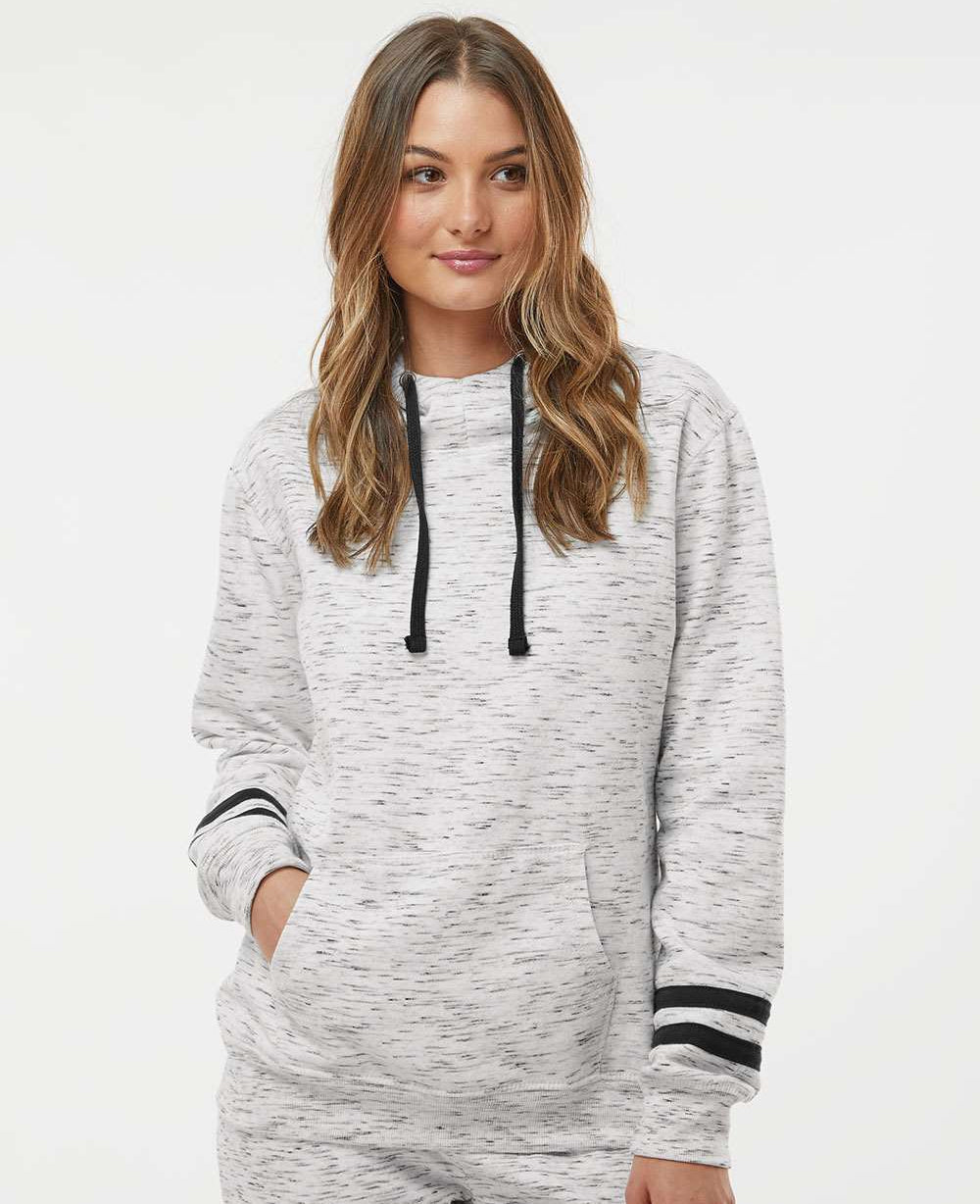 J America Women's Stylish Melange Fleece Striped-Sleeve Hooded Sweatshirt